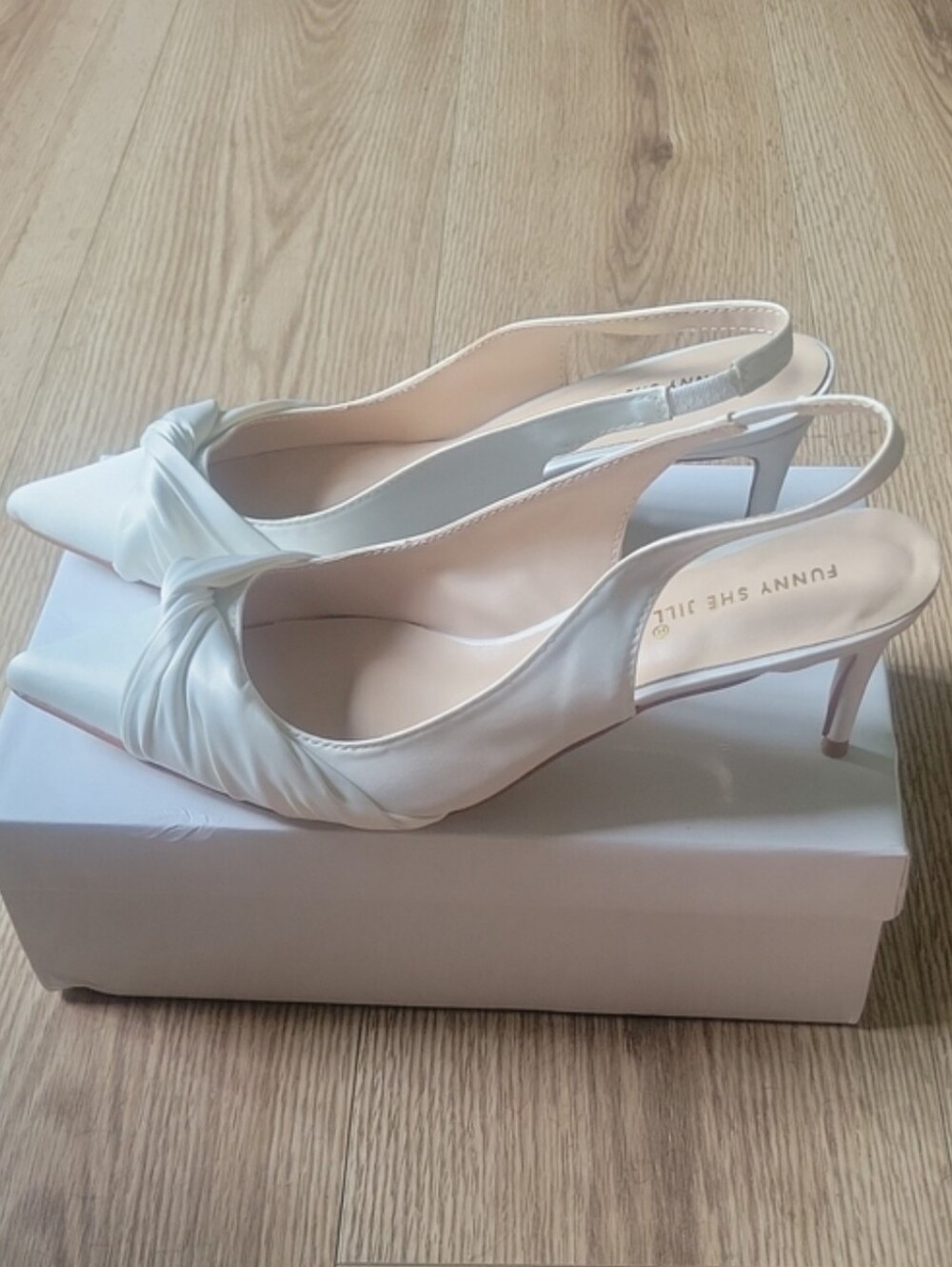 Funny She Jill FSJ Ivory Satin Twist Knot Pointed Toe Slingback Kitten Low Heel